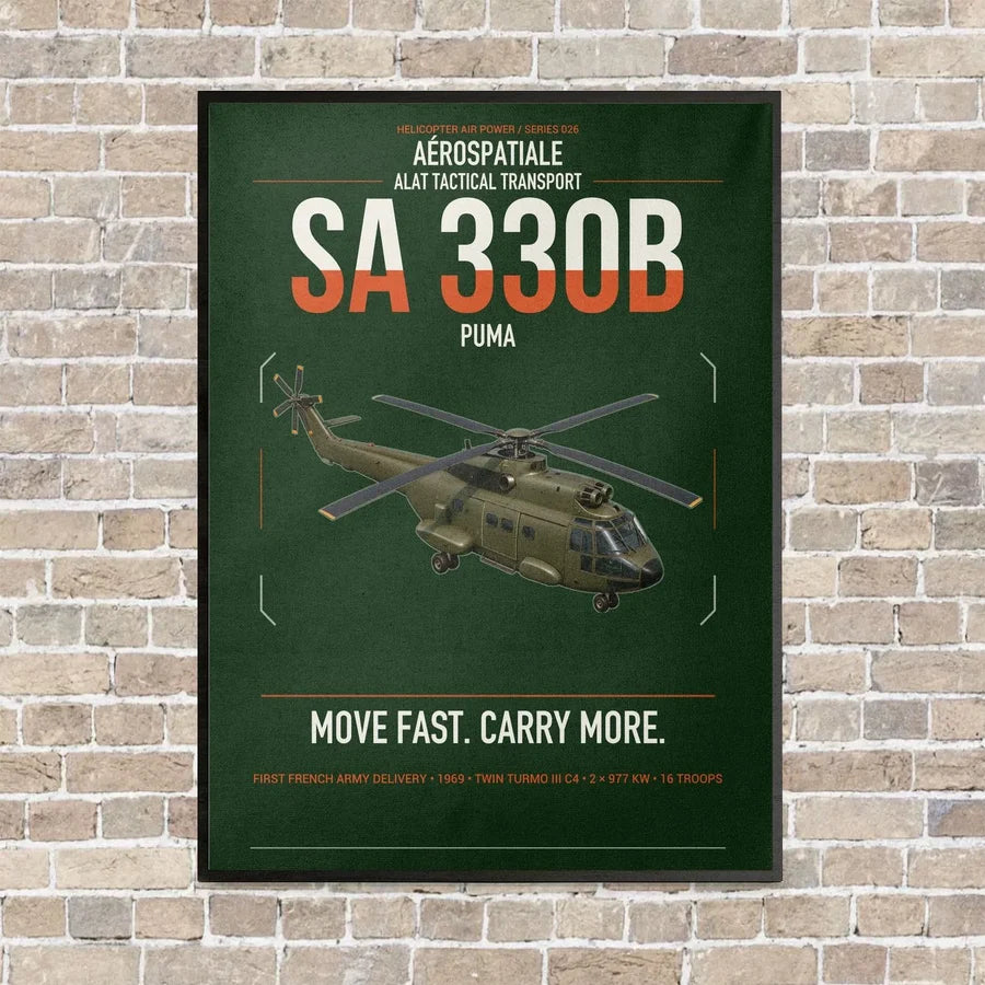 Aérospatiale SA 330B Puma vertical canvas print - framed - dark green background