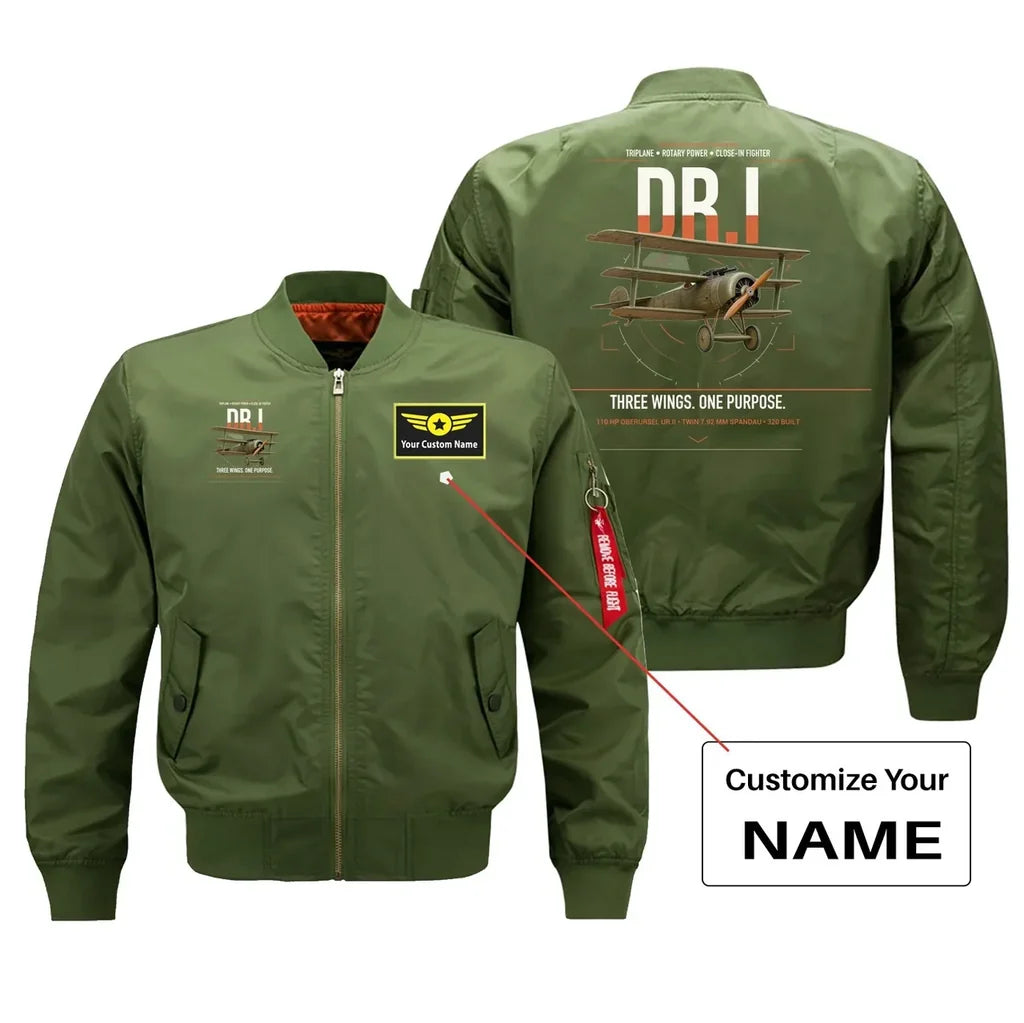 Fokker Dr.I design on green+name bomber jacket, double-side print