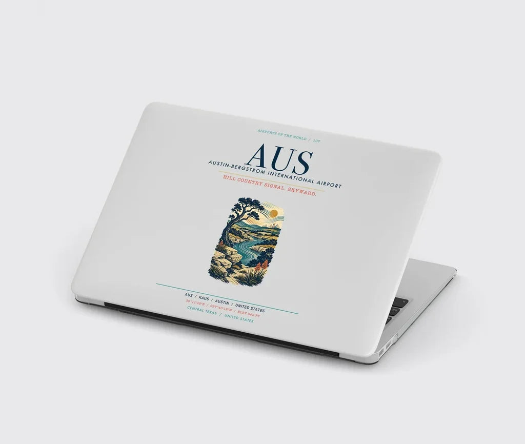 Austin-Bergstrom International Airport (AUS) design on light gray MacBook case