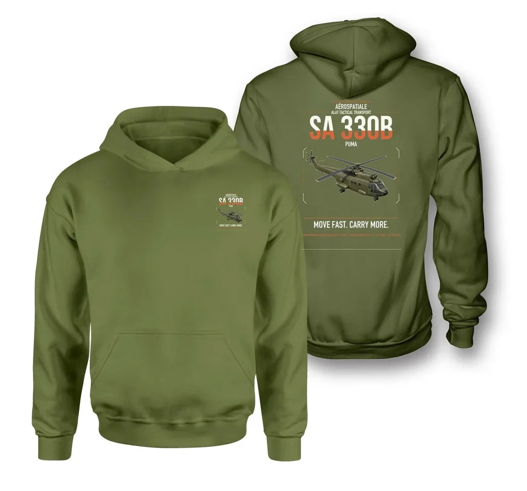 Aérospatiale SA 330B Puma design on green army double-side hoodie, double-side print