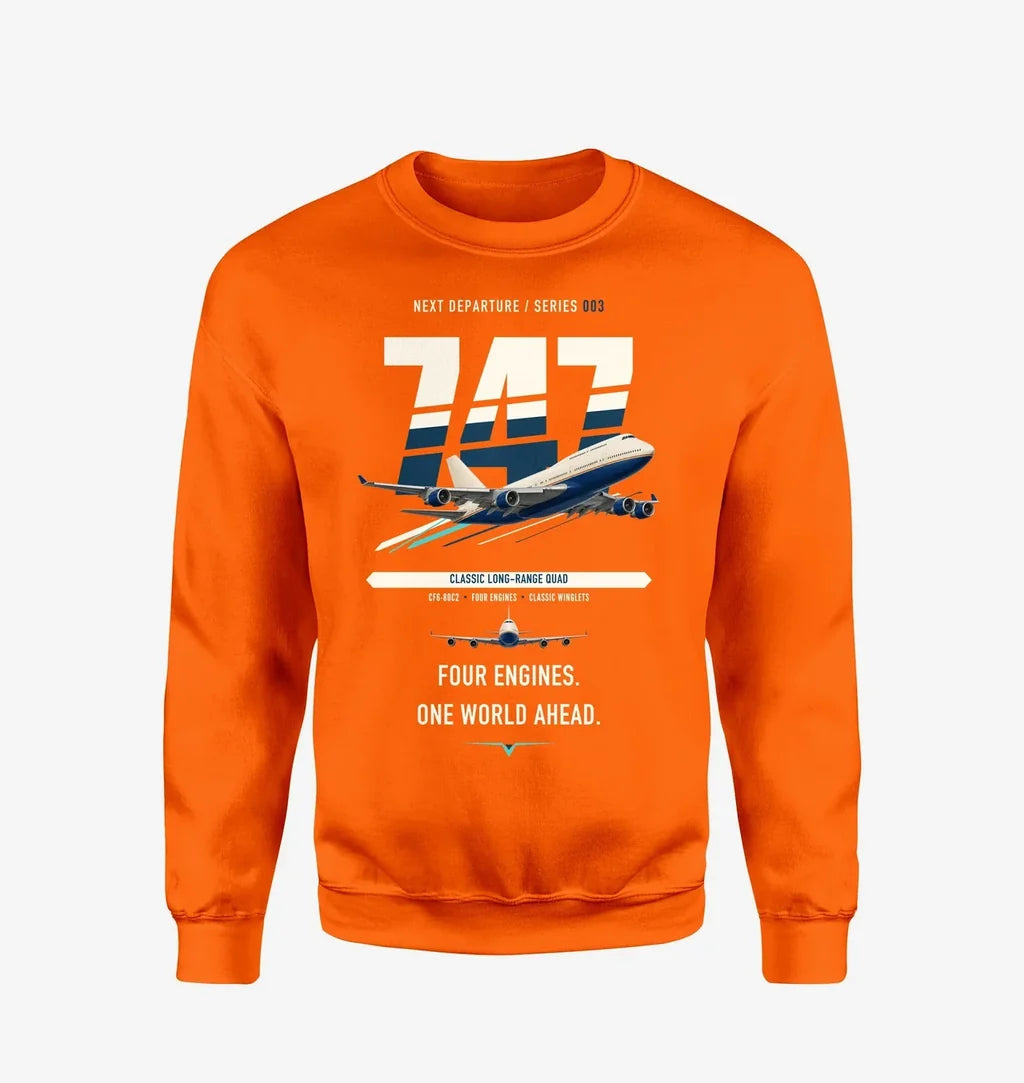 Boeing 747-400 design on orange sweatshirt