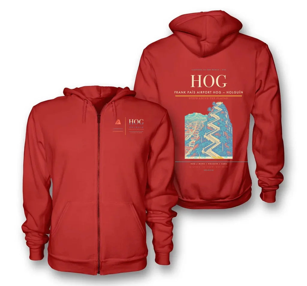 Holguín Airport (HOG) design on red premium zipped hoodie