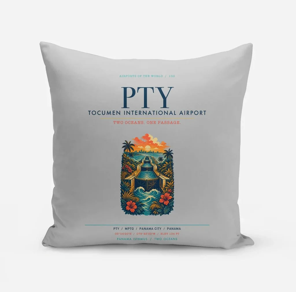 Panama City Tocumen International Airport (PTY) design on light gray pillow