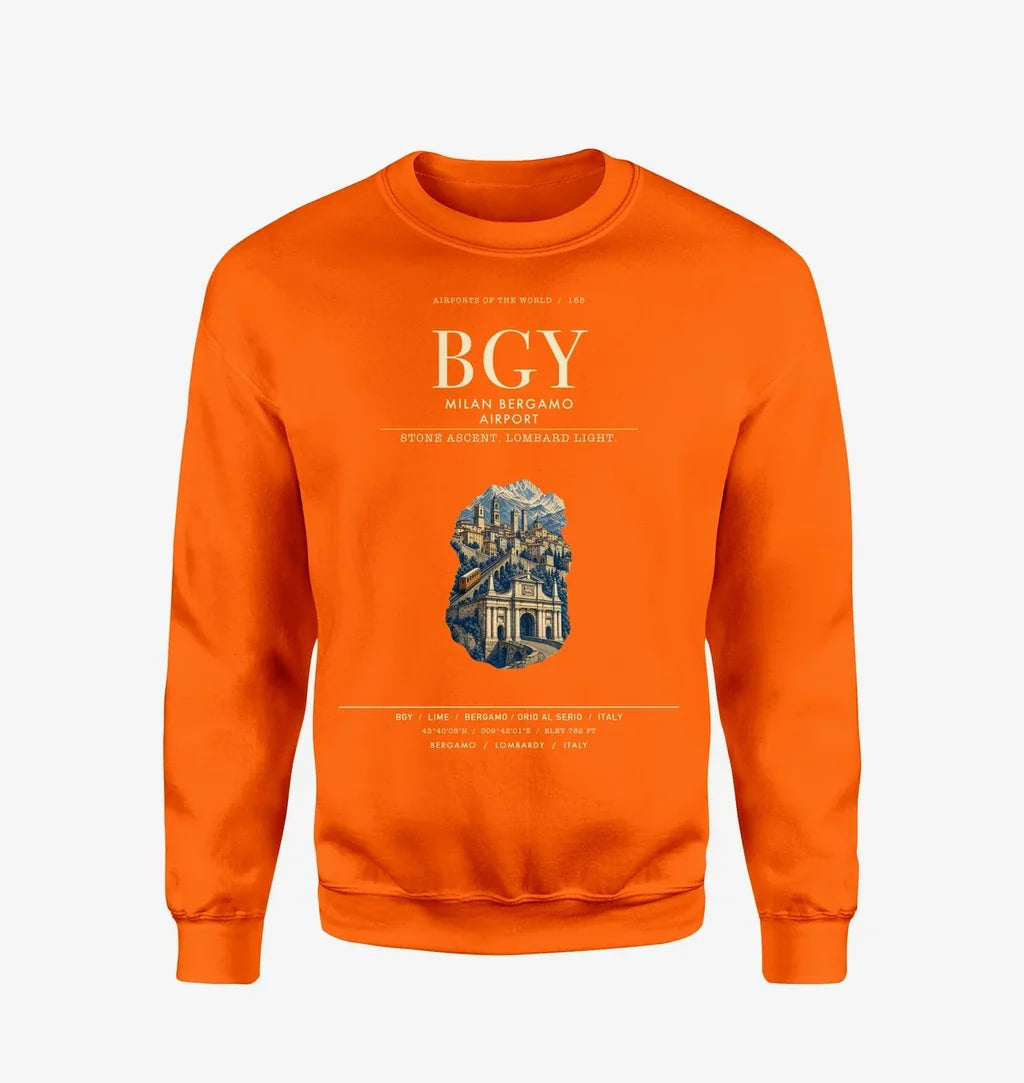 Milan Bergamo Airport (BGY) design on orange sweatshirt