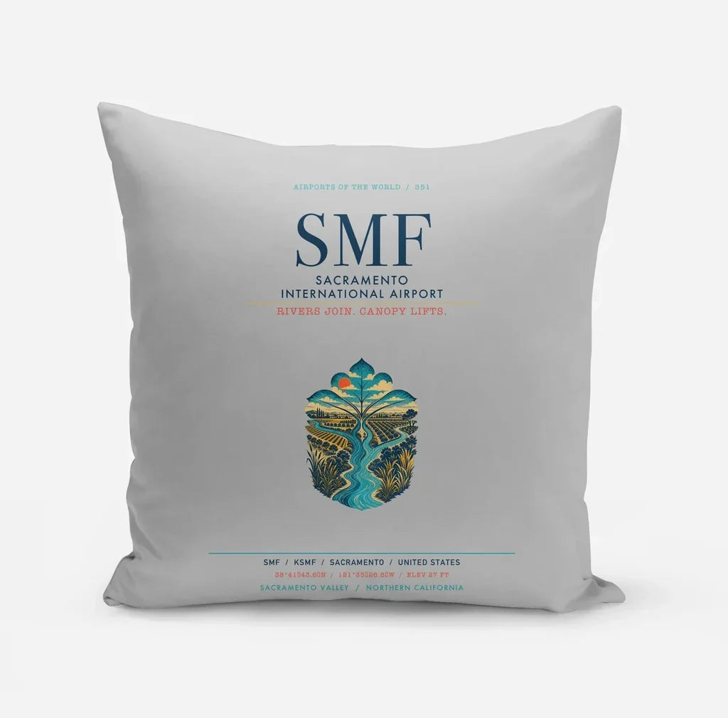 Sacramento International Airport (SMF) design on light gray pillow