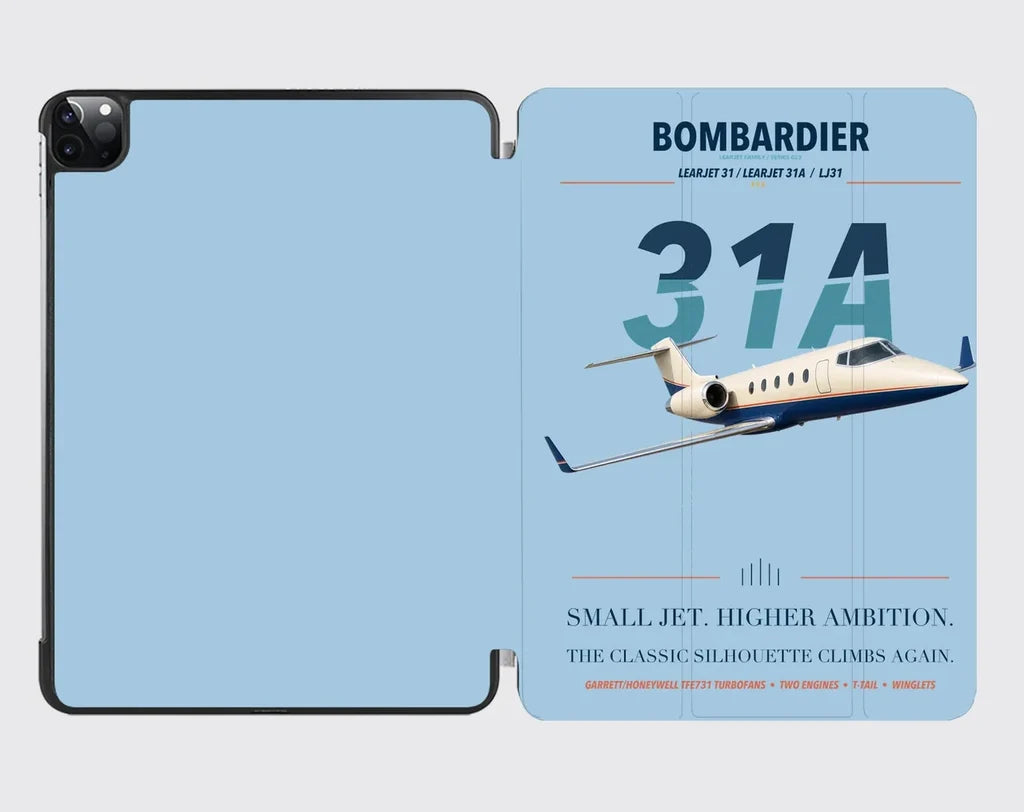 Bombardier Learjet 31A design on light blue ipad tablet case
