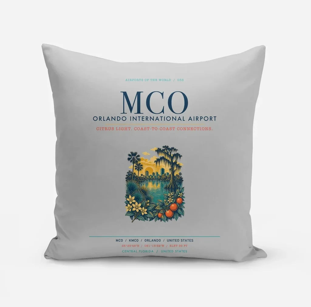 Orlando International Airport (MCO) design on light gray pillow