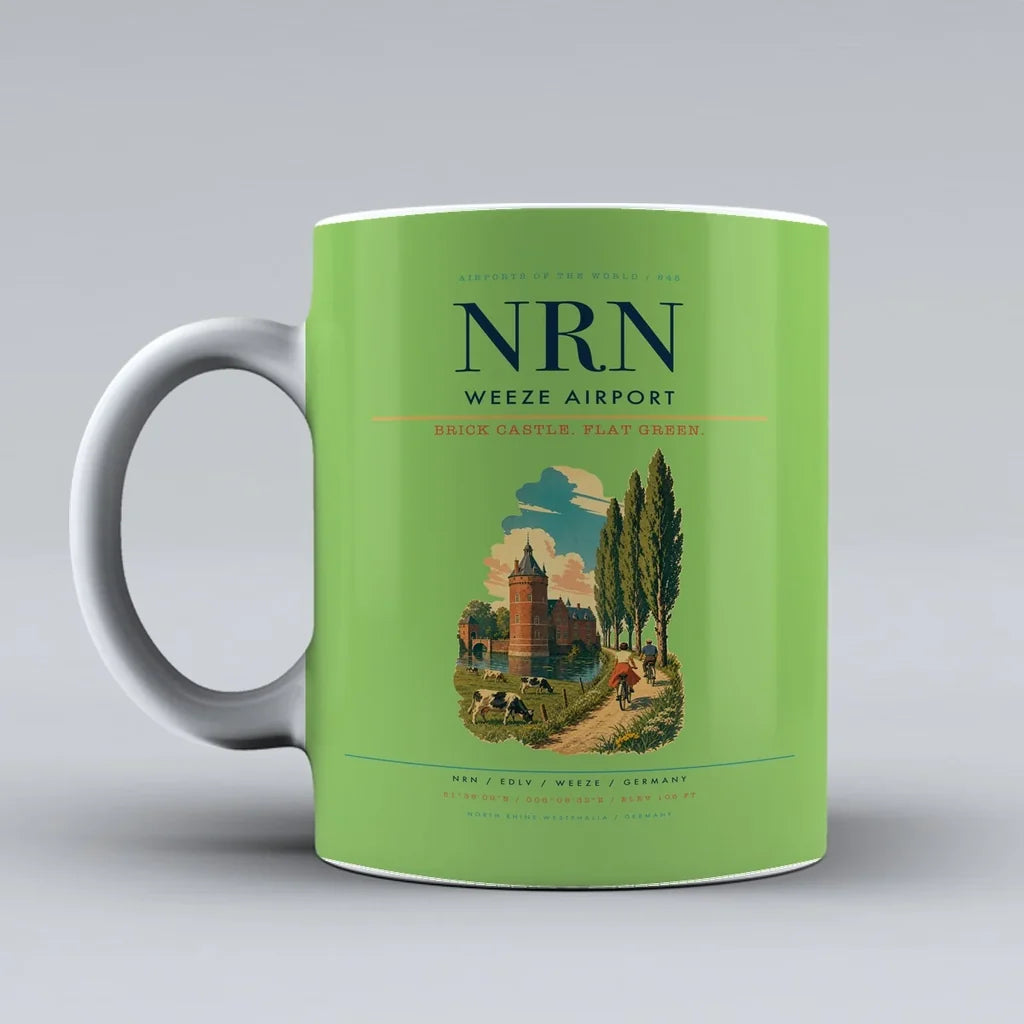 Weeze Airport (NRN) airport code design on light green ceramic mug