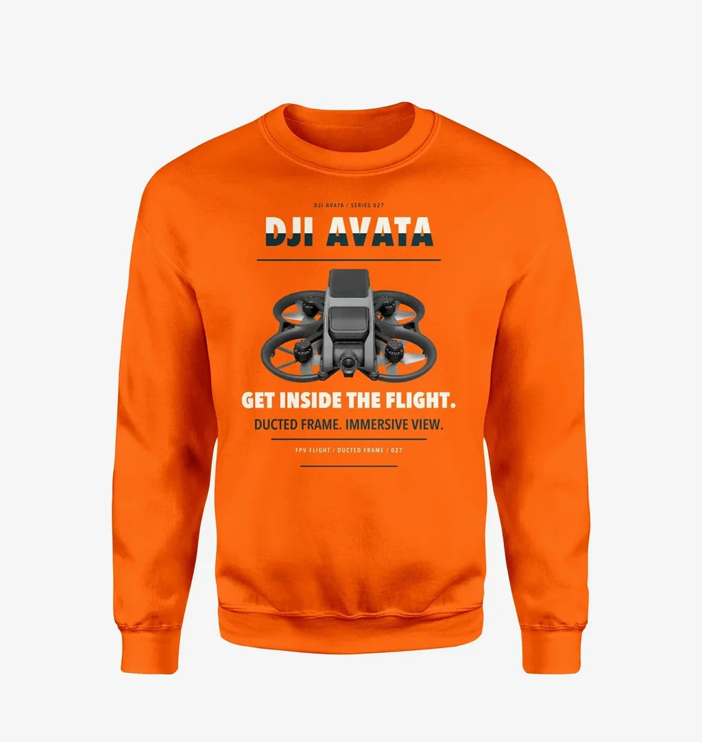 DJI Avata design on orange sweatshirt
