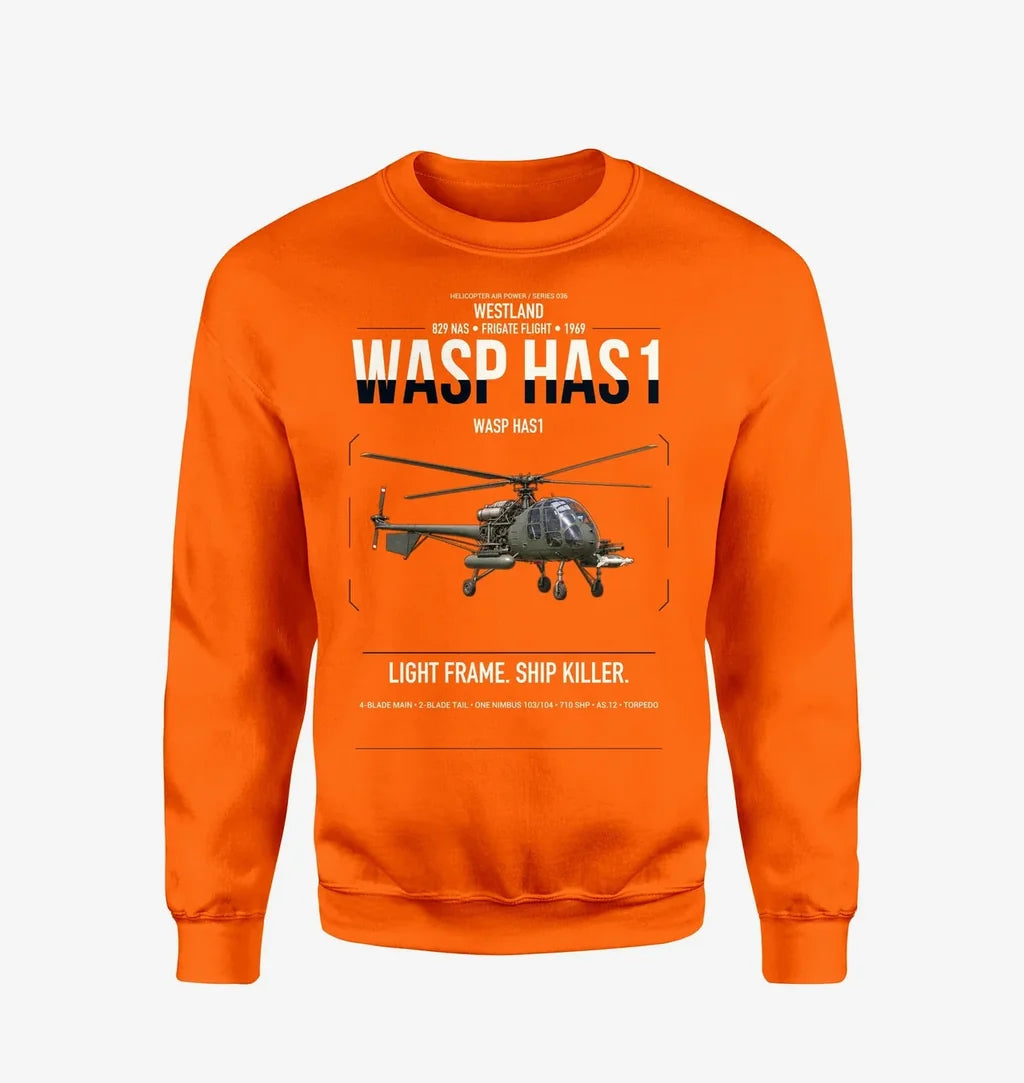 Westland Wasp HAS1 design on orange sweatshirt