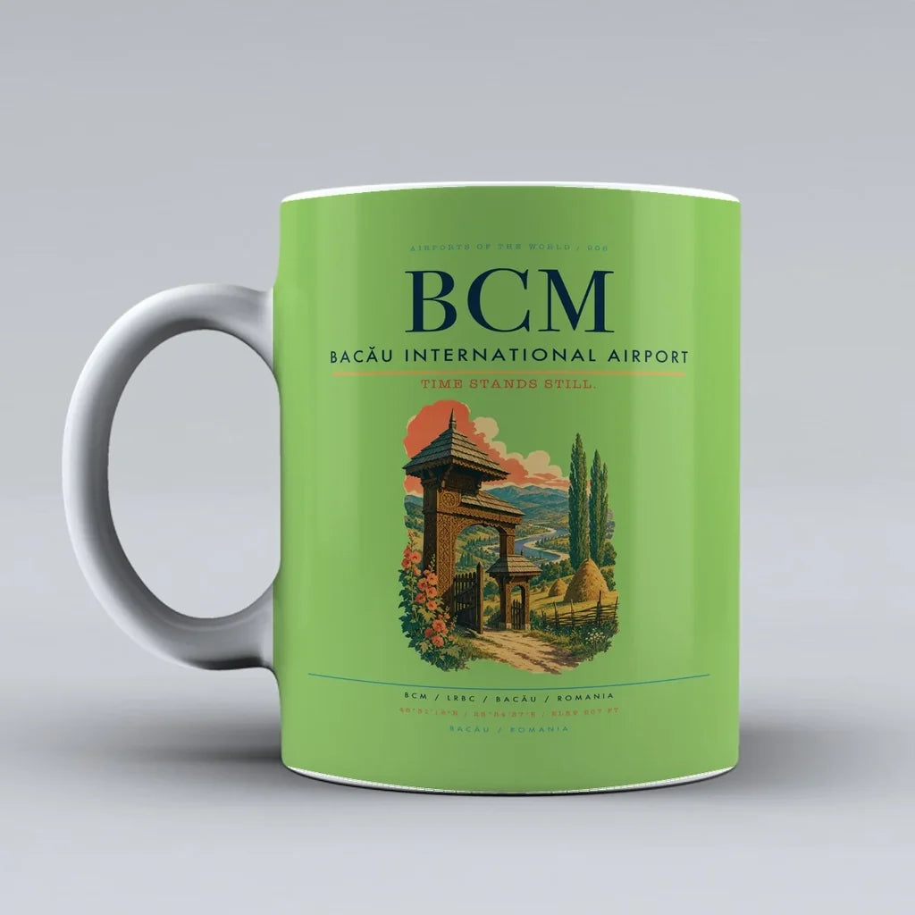 Bacău International Airport (BCM) airport code design on light green ceramic mug
