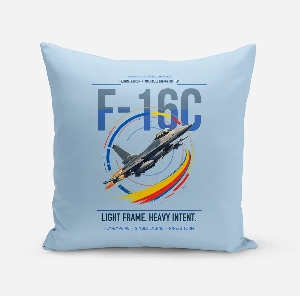 F-16C Fighting Falcon design on light blue pillow