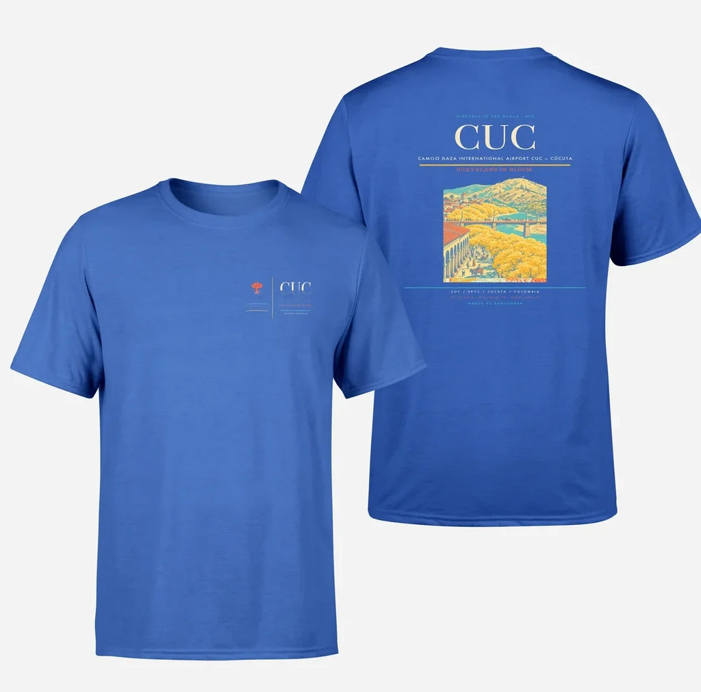 Camilo Daza International Airport (CUC) design printed on blue double-side t-shirt