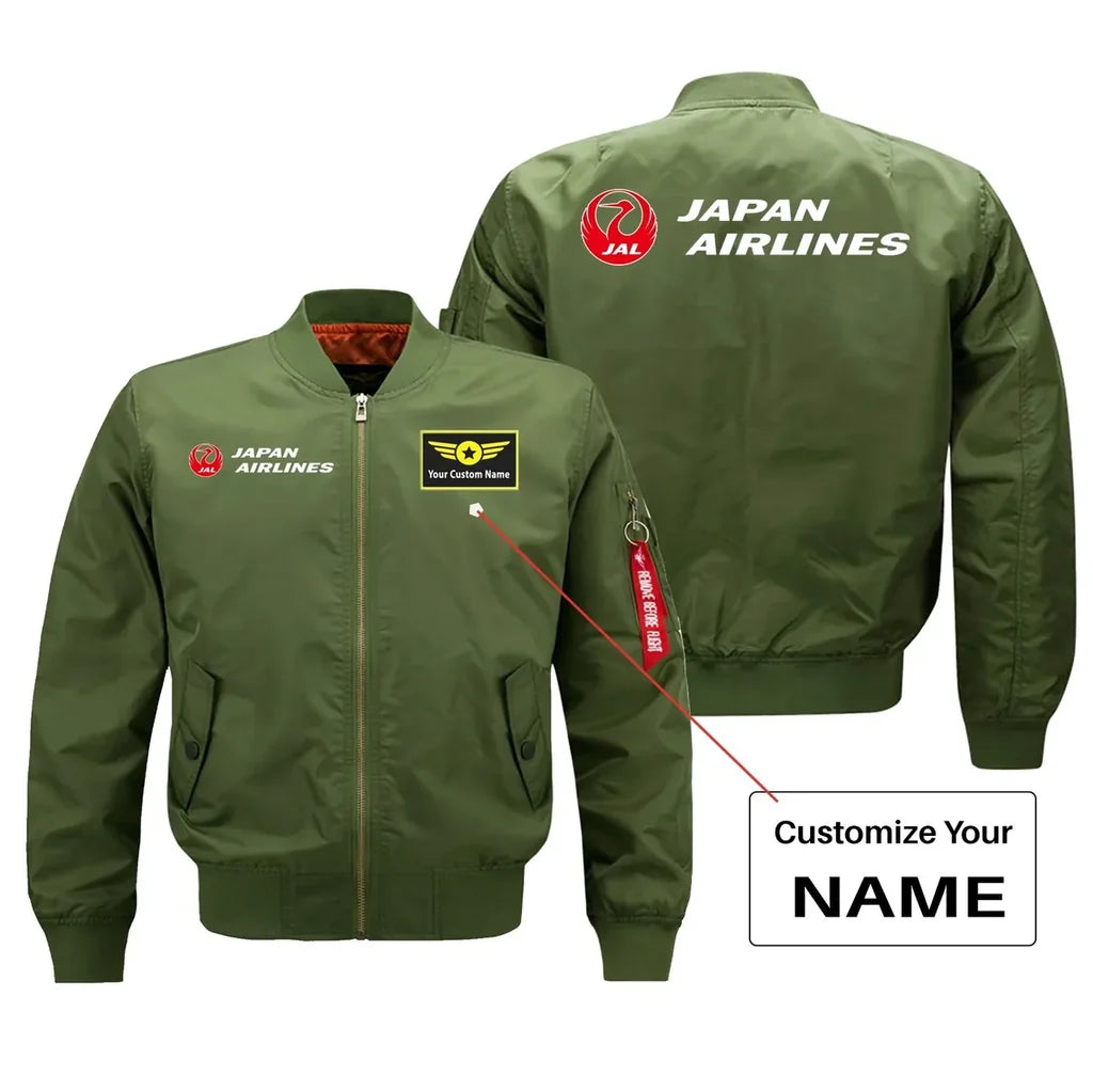 Japan Airlines aviation design with custom name embroidered on green bomber jacket