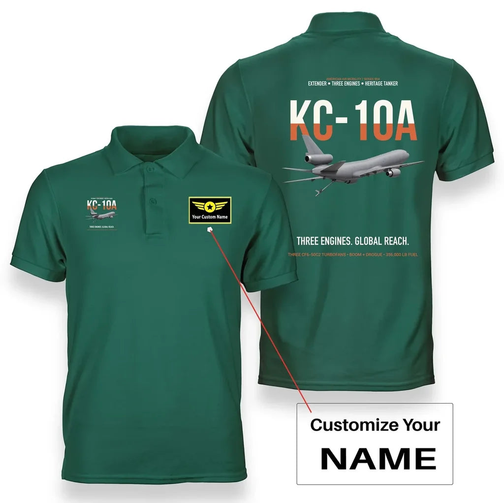 KC-10A EXTENDER design on green+name double-side polo t-shirt, double-side print