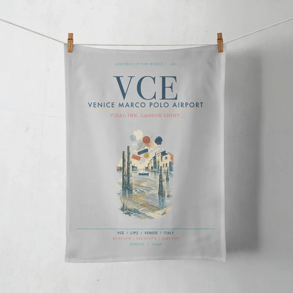 Venice Marco Polo Airport (VCE) design on light gray towel