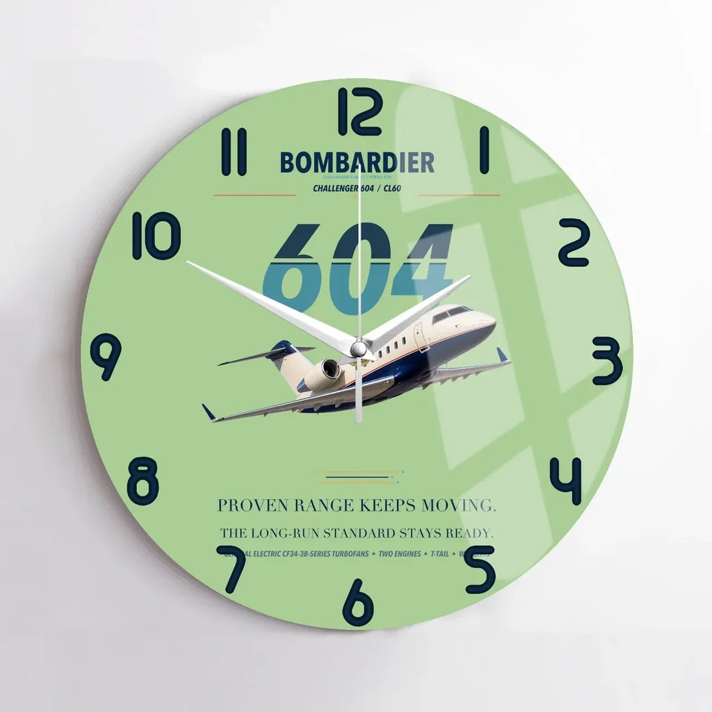 Bombardier Challenger 604 design on light green no frame wall clock