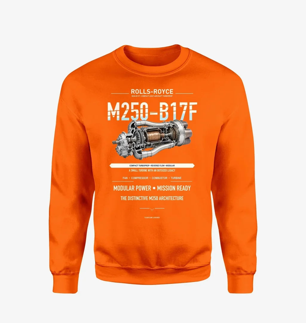 M250-B17F design on orange sweatshirt