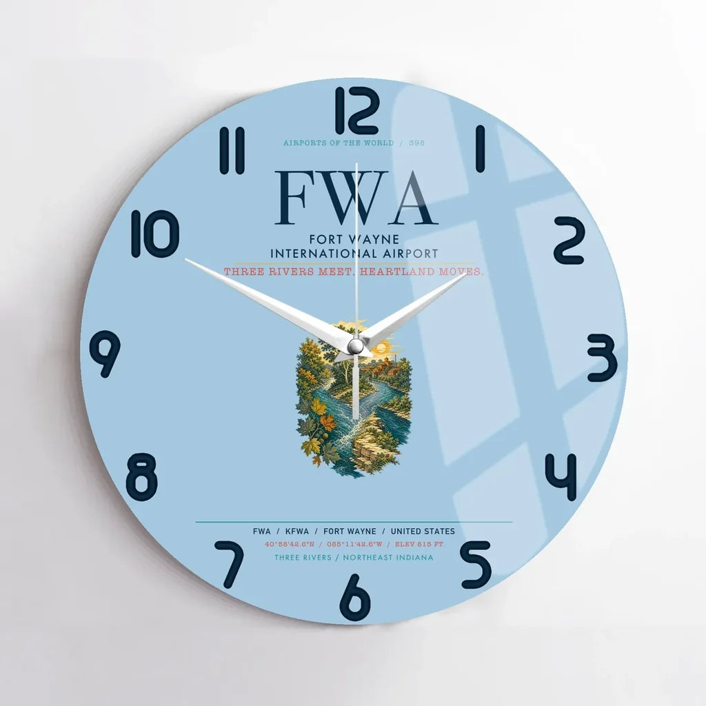 Fort Wayne International Airport (FWA) design on light blue no frame wall clock