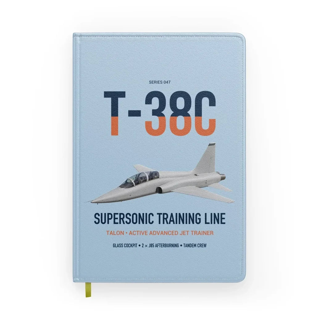 T-38C Talon design on light blue notebook