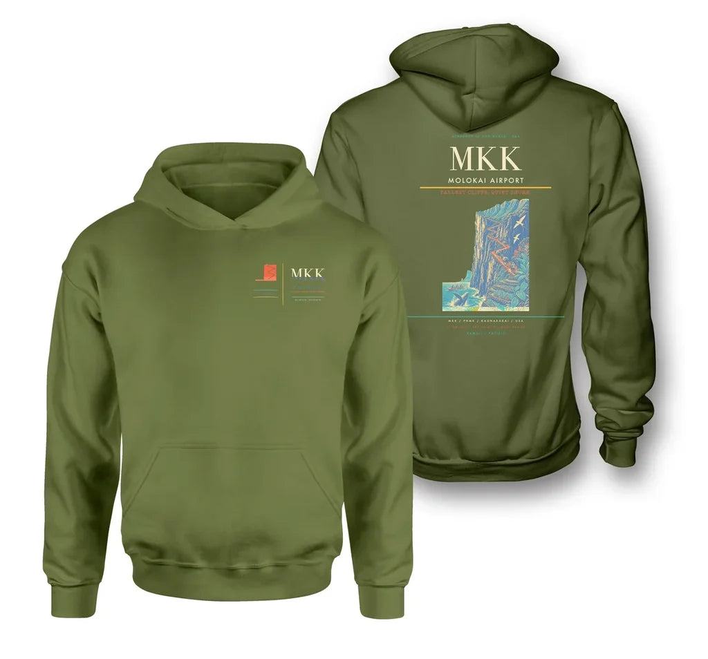 Molokai Airport (MKK) design on green army double-side hoodie
