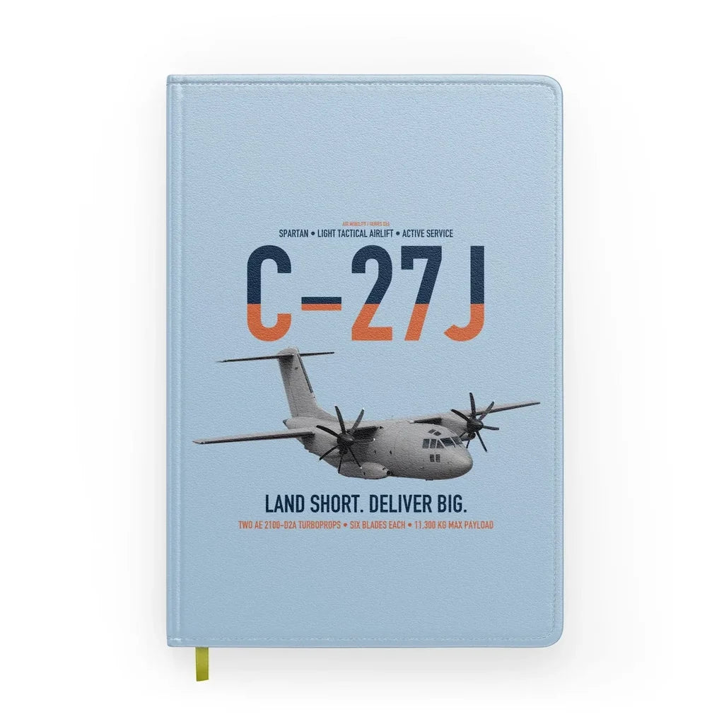C-27J Spartan design on light blue notebook