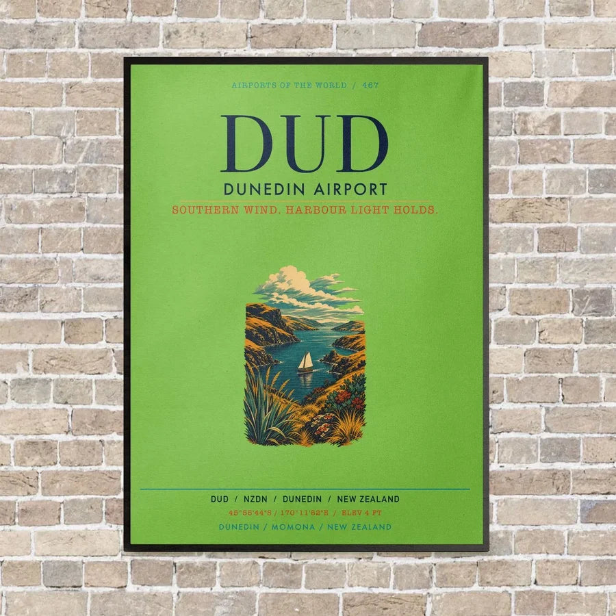 Dunedin Airport DUD vertical canvas print - framed - light green background