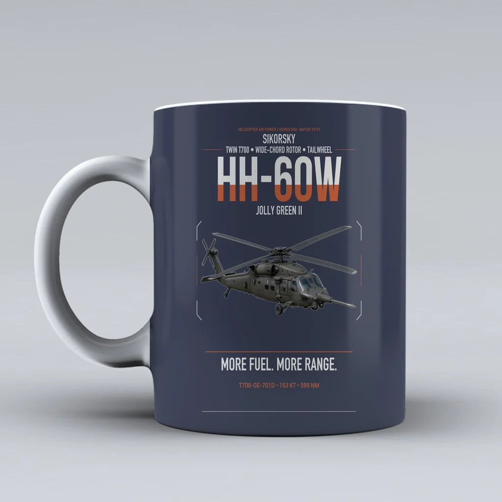 Sikorsky HH-60W Jolly Green II design on dark blue ceramic mug, double-side print