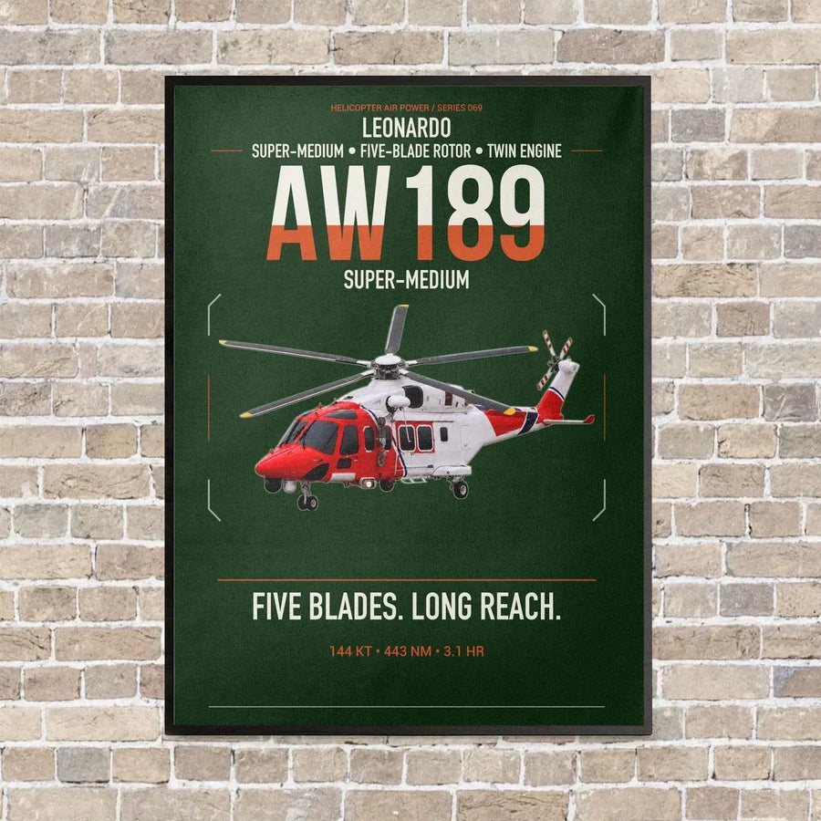 Leonardo AW189 vertical canvas print - framed - dark green background