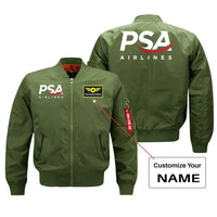 Thumbnail for PSA Airlines aviation design with custom name embroidered on green bomber jacket