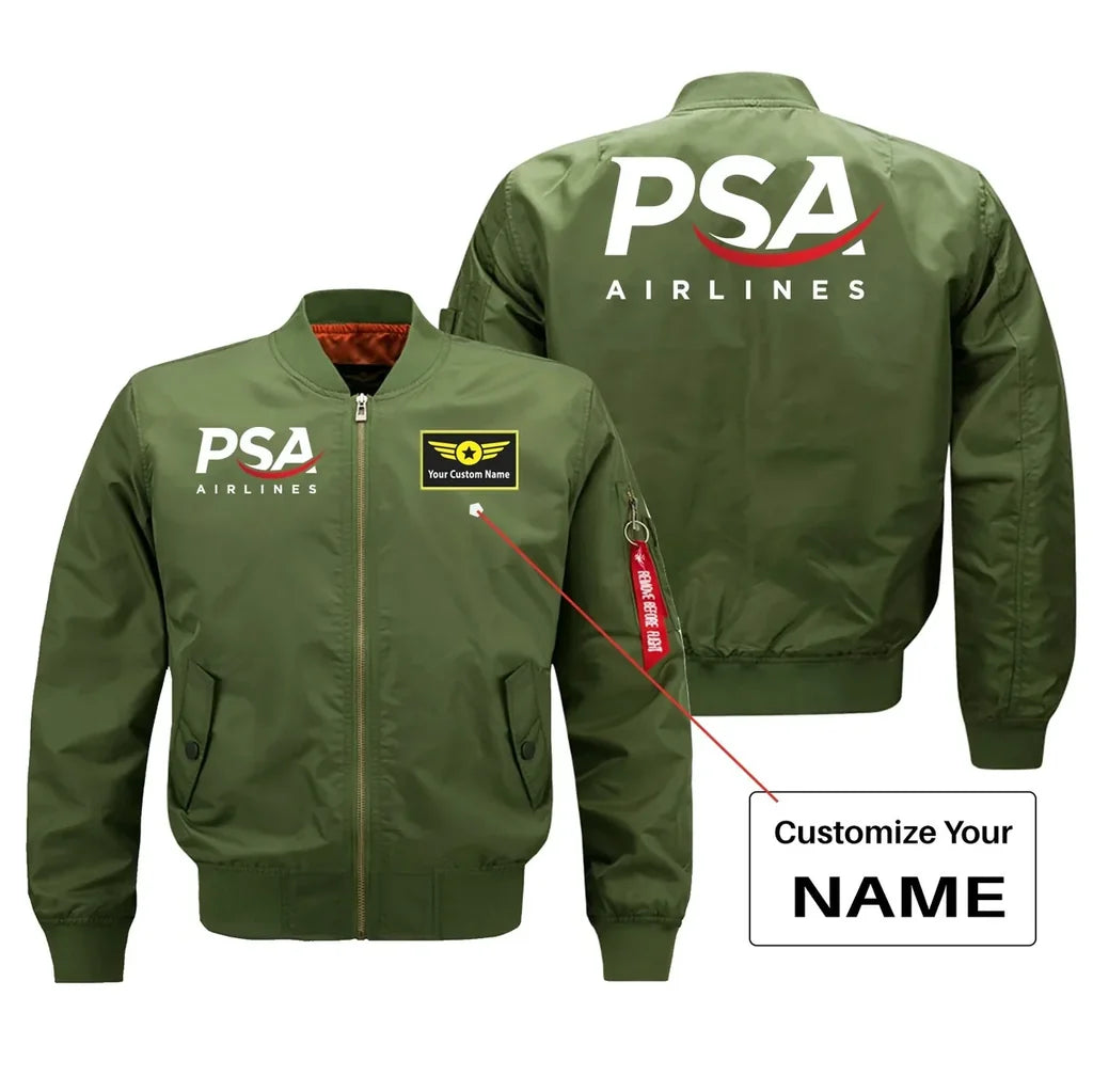 PSA Airlines aviation design with custom name embroidered on green bomber jacket