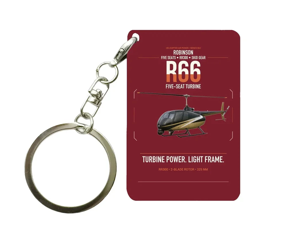 Robinson R66 design on dark red designed key chain, double-side print