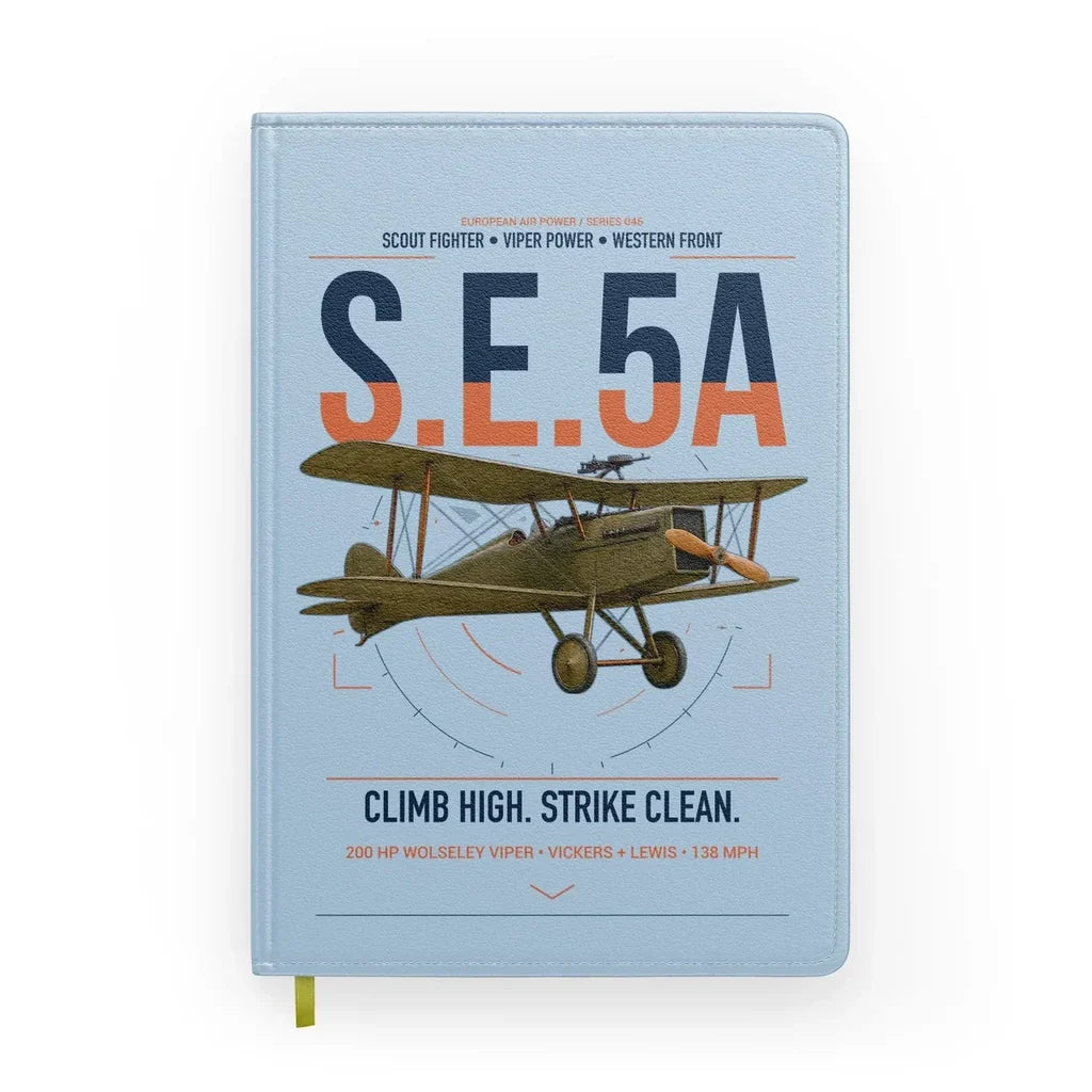 Royal Aircraft Factory S.E.5a design on light blue notebook