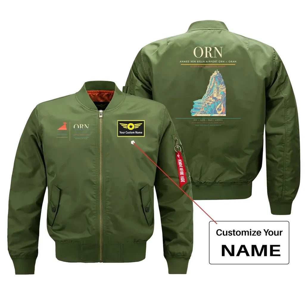 Ahmed Ben Bella Airport (ORN) design on green bomber jacket with custom name patch