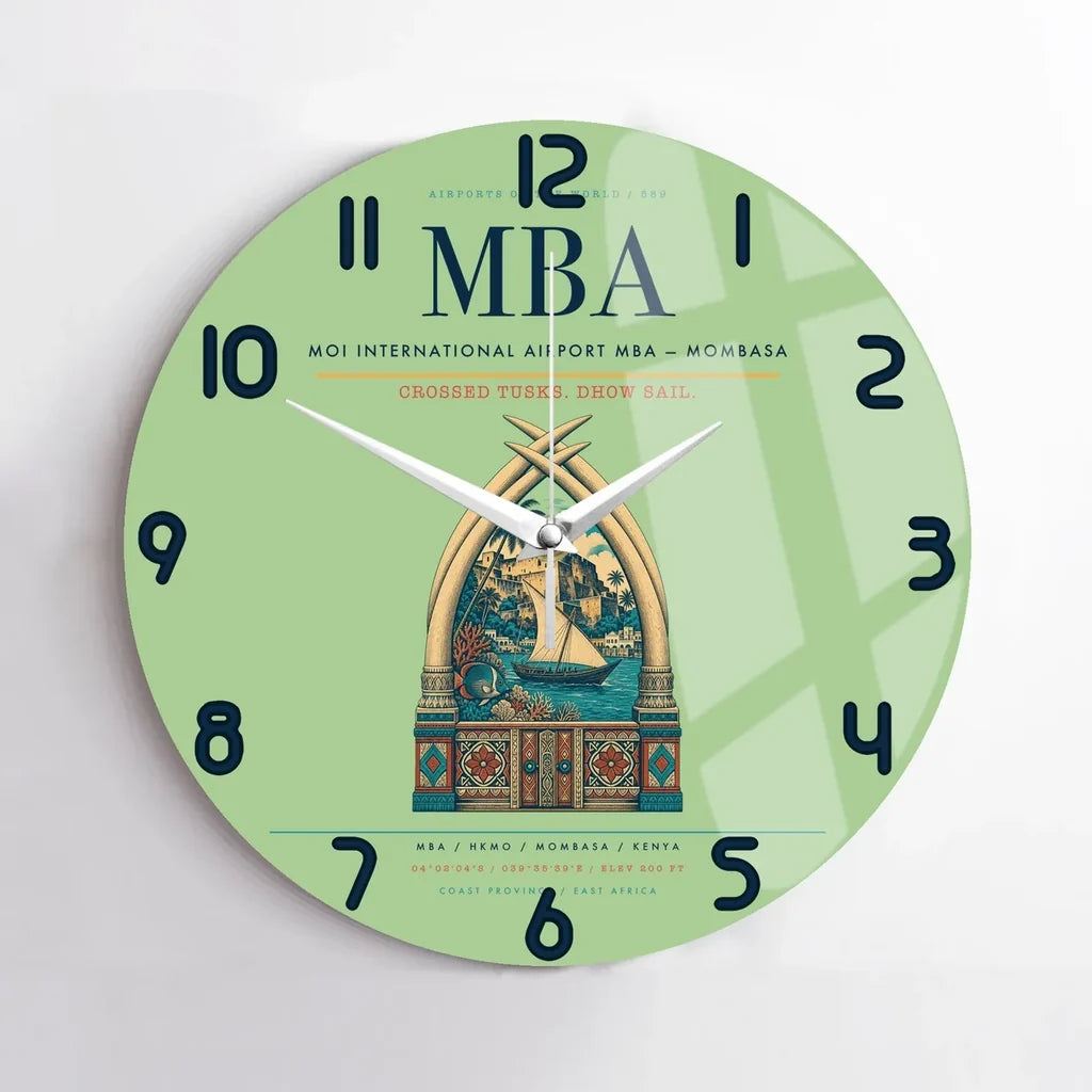 Moi International Airport (MBA) design on light green no frame wall clock