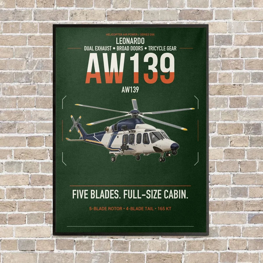 Leonardo AW139 vertical canvas print - framed - dark green background