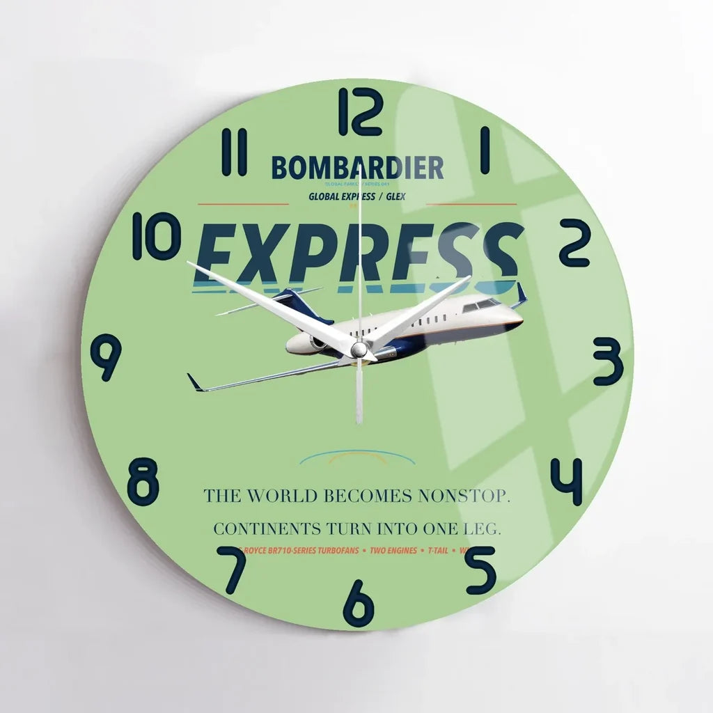 Bombardier Global Express design on light green no frame wall clock