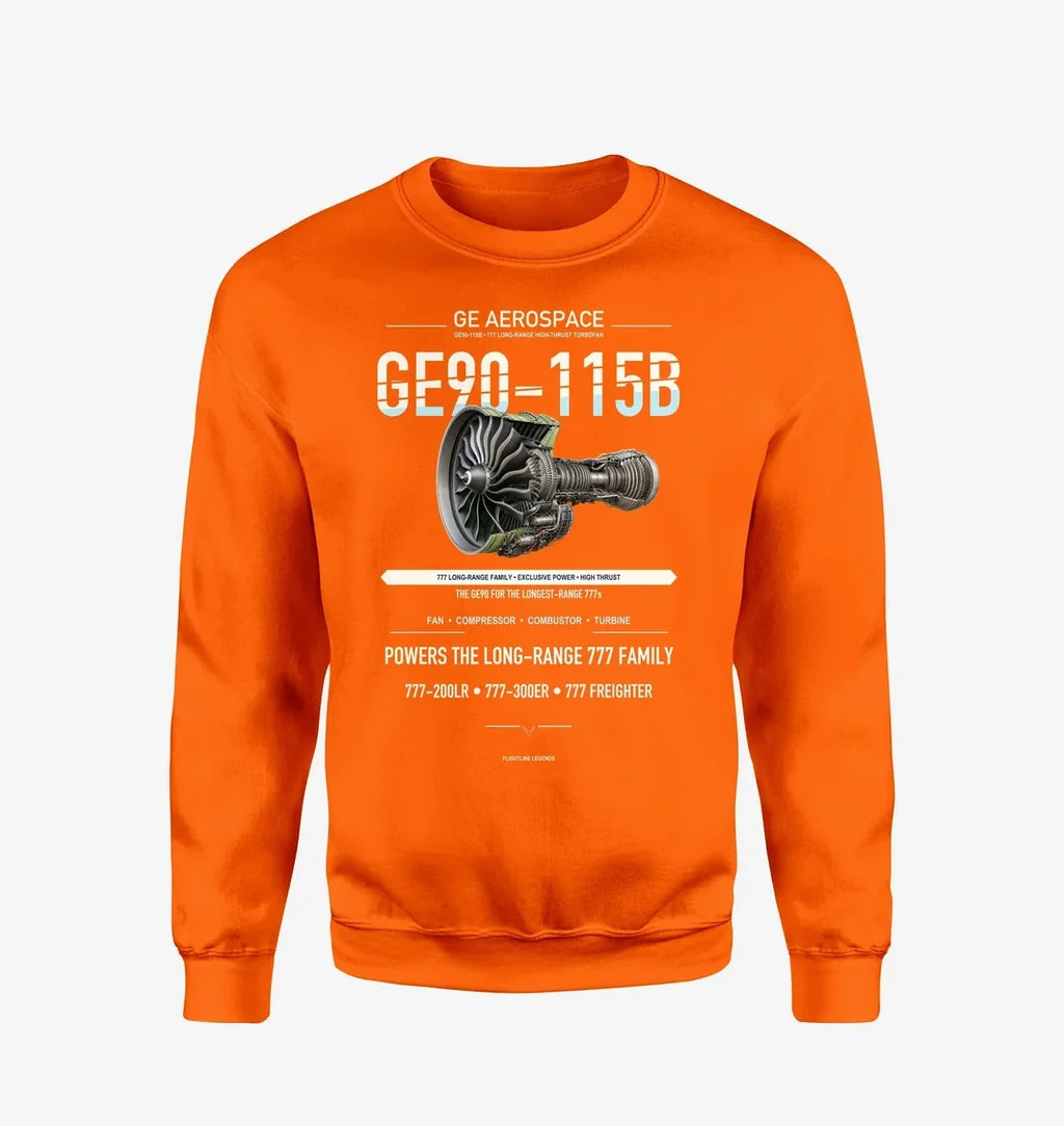 GE90-115B design on orange sweatshirt