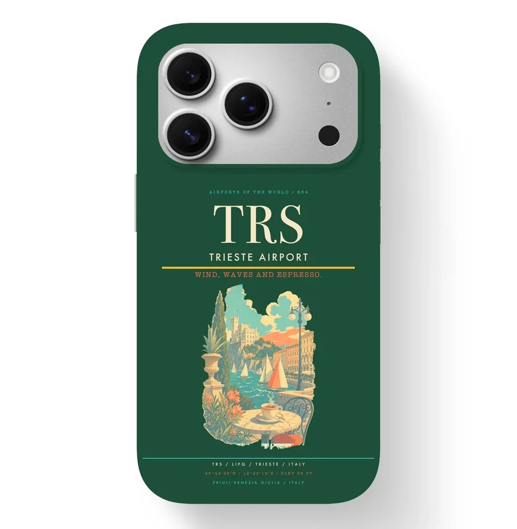 Trieste Airport (TRS) design on dark green iPhone 17 Pro MagSafe case
