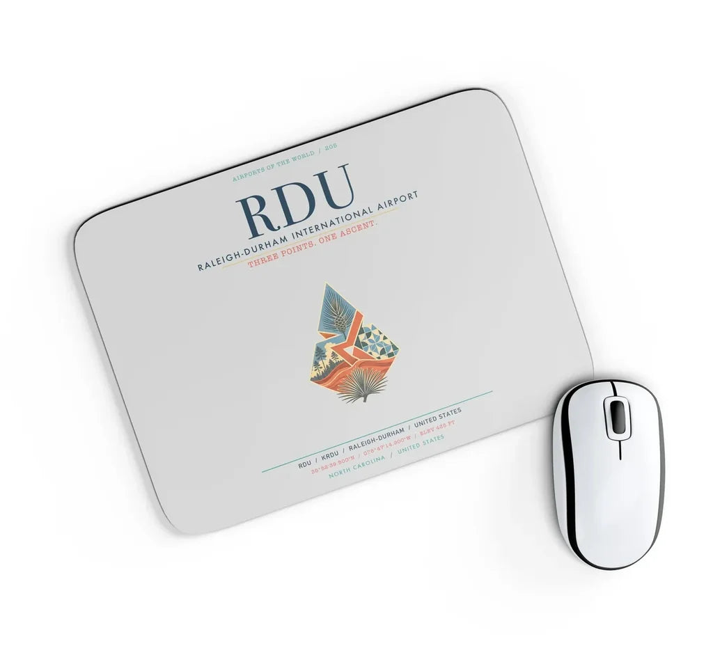 Raleigh-Durham International Airport (RDU) design on light gray rectangle mouse pad