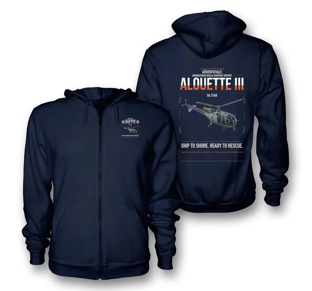 Aérospatiale SA 316B Alouette III design on navy blue premium zipped hoodie, double-side print