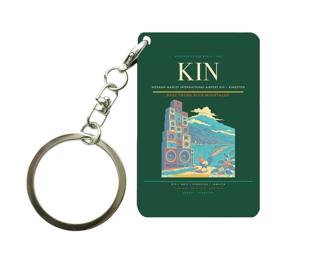Norman Manley International Airport (KIN) design on dark green key chain