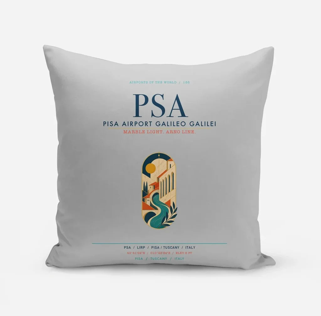 Pisa Airport Galileo Galilei (PSA) design on light gray pillow