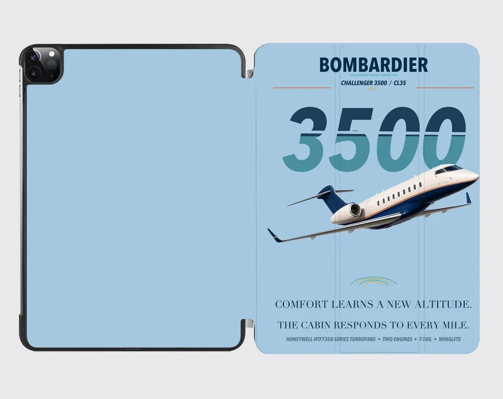 Bombardier Challenger 3500 design on light blue ipad tablet case
