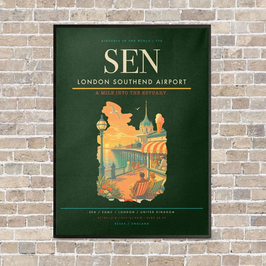 London Southend Airport SEN vertical canvas print - framed - dark green background
