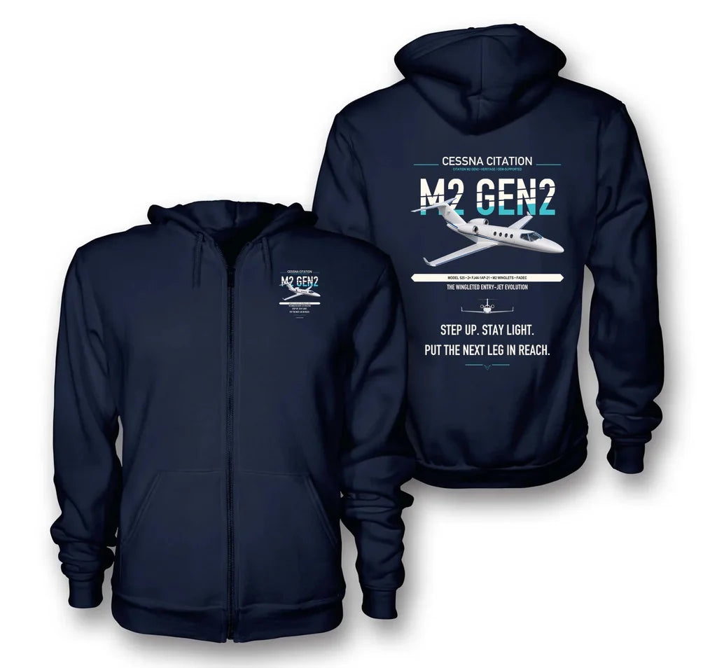 Cessna Citation M2 Gen2 design on navy blue premium zipped hoodie, double-side print