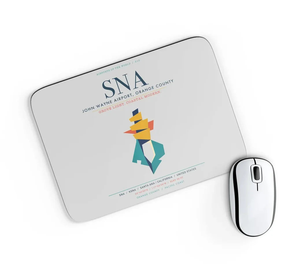 John Wayne Airport, Orange County (SNA) design on light gray rectangle mouse pad