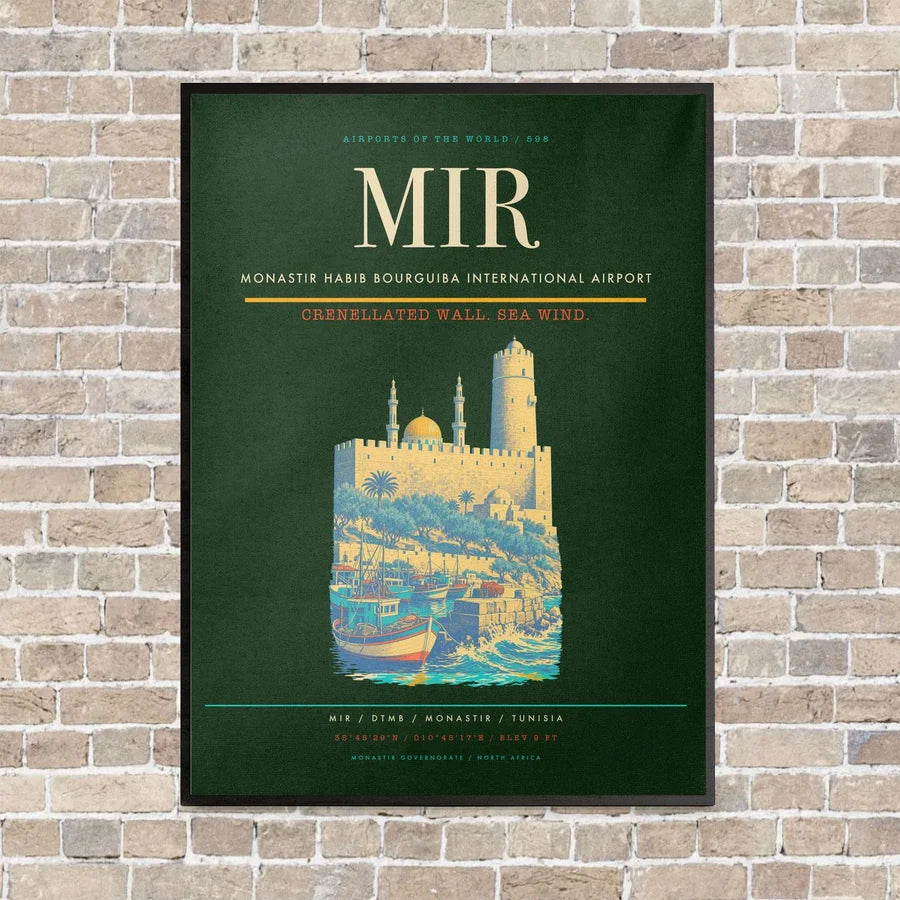 Monastir Habib Bourguiba International Airport MIR vertical canvas print - framed - dark green background