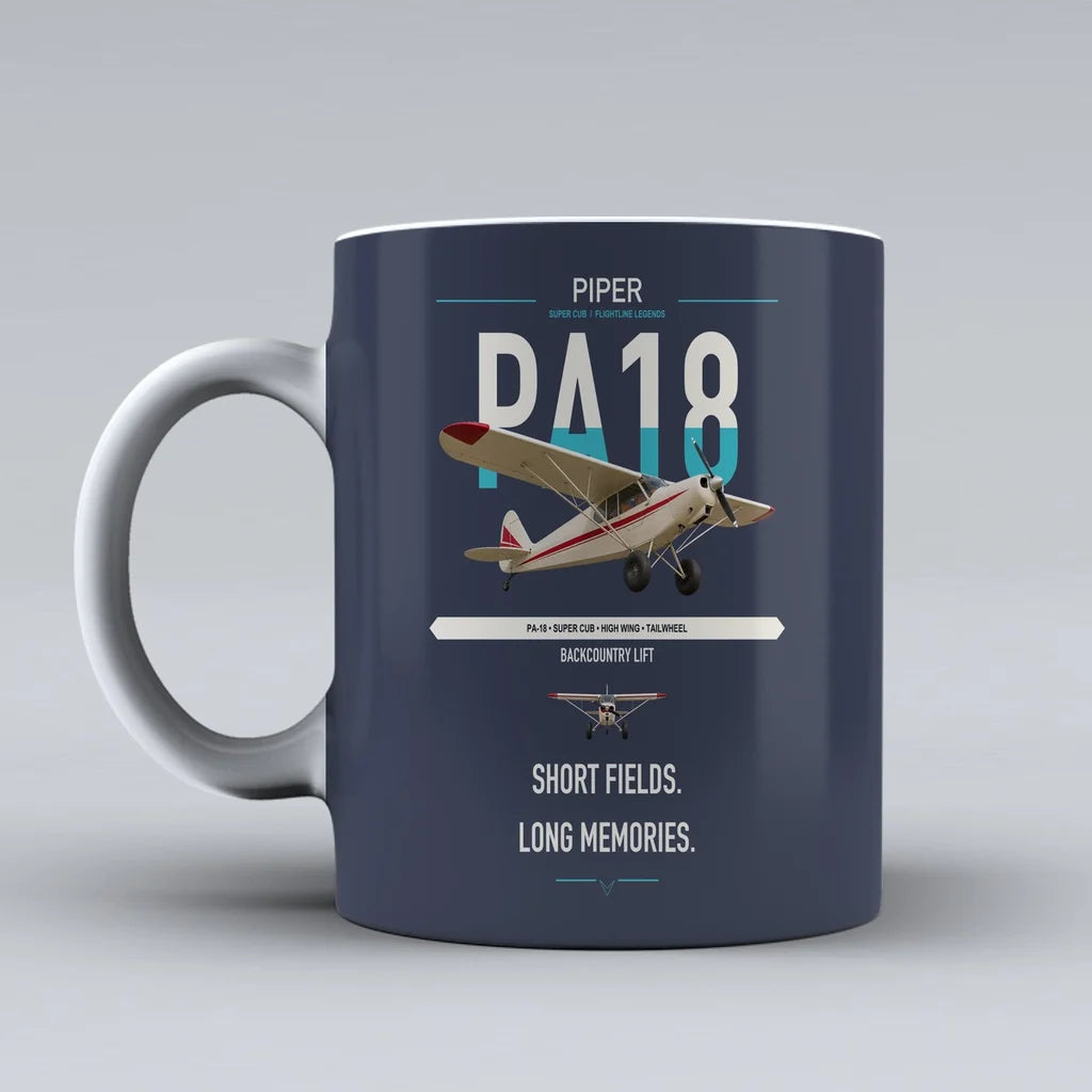 Piper PA-18 Super Cub design on dark blue ceramic mug, double-side print