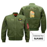 Thumbnail for Glasgow Prestwick Airport (PIK) design on green bomber jacket with custom name patch